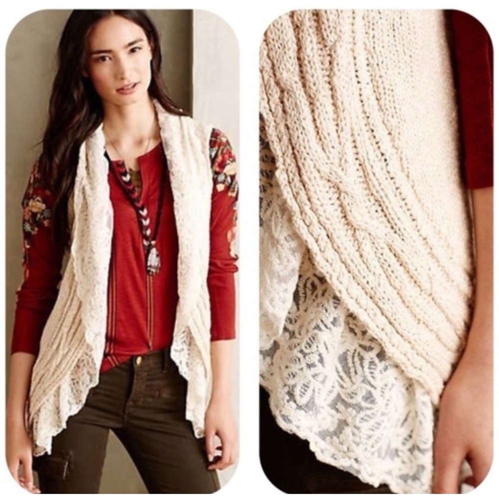 Knitted & Knotted Anthropologie Lace Trim Cable Knit Sweater‎ Vest Cream XS/S